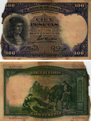 Испания 100 песет 1931 Гонсало Фернандес де Кордова, картина Касадо дель Алисаль Pick 83 бумага 8609-39-1