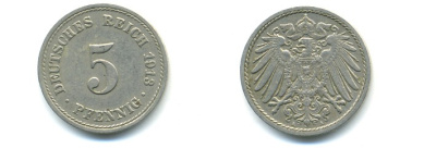 ГЕРМАНИЯ 5 ПФЕННИГОВ 1913 A, KM 11, J. 12 медно-никель 4379-557