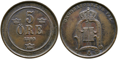 Швеция 5 эре 1895 Оскар II (1872-1907) король Швеции и Норвегии KM 757 бронза 259-611