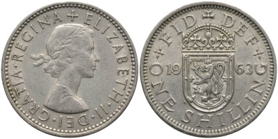 Великобритания 1 шиллинг 1963 Елизавета II (1952-2022), Шотландский герб KM 905, Spink 4148 медно-никель 4171-634