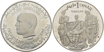 Тунис 1 динар 1969 Хабиб Бургиба, Римский поэт Виргилий KM 295 серебро PROOF 11-182-14