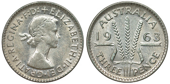 Австралия 3 пенса 1963 m, Елизавета II (1952-2022) KM 57 серебро 71-929