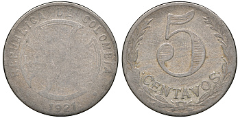 Колумбия 5 сентаво 1921 государственный лепрозорий KM L11 медно-никель 53-1037