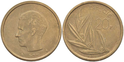 БЕЛЬГИЯ 20 ФРАНКОВ 1980 BELGIE, БОДУЭН I (1951-1993) KM 160 никель бронза 115-722