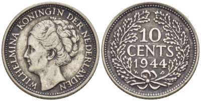 Нидерланды 10 центов 1944 Вильгельмина (1890-1948) KM 163 серебро 66-1235