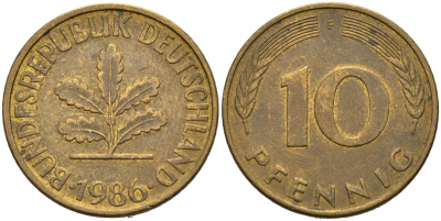ФРГ 10 пфеннигов 1986 F KM 108, J.383 сталь плакированная латунью 4681-1154