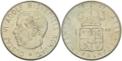 Швеция 1 крона 1967 U, Густав VI Адольф (1950-1973) KM 826 серебро 4545-535