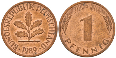 ФРГ 1 пфенниг 1989 G KM 105, J. 380 сталь плакированная медью    4598-657