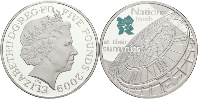 Великобритания 5 фунтов 2009 Елизавета II (1952-2022), XXX летние Олимпийские Игры. Празднование в Британии - Биг Бен KM 1141a, Spink LO37 серебро PROOF 00-00