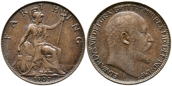 Великобритания 1 фартинг 1907 Эдуард VII (1901-1910) KM 792, Spink 3992 бронза 100-539