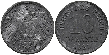 ГЕРМАНИЯ 10 ПФЕННИГОВ 1921 KM 26, J. 299 цинк 33-327