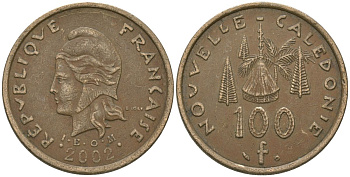 Французская Новая Каледония 100 франков 2002 хижина среди сосен и пальм, (IEOM) KM 15, Schoen 16, Lec 139f никель бронза 109-534