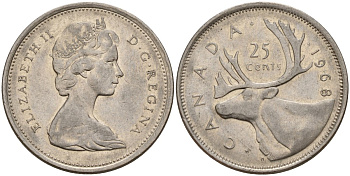 Канада 25 центов 1968 Елизавета II (1952-2022), олень KM 62 b никель 4187-754