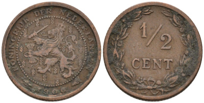 Нидерланды 1/2 цента 1906 Вильгельмина (1890-1948) KM 133 бронза 4576-329