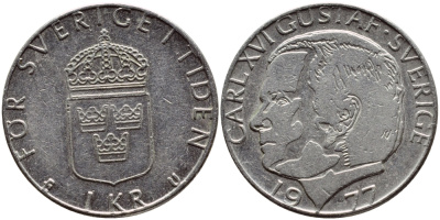 Швеция 1 крона 1977 Карл XVI Густав (1973- ) KM 852 медь плакированная медно-никелем 4397-842