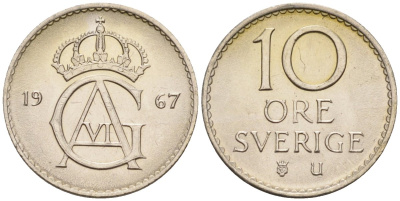 Швеция 10 эре 1967 U, Густав VI Адольф (1950-1973) KM 835 медно-никель UNC 4585-358