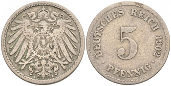 ГЕРМАНИЯ 5 ПФЕННИГОВ 1902 A, KM 11, J. 12 медно-никель 73-1564