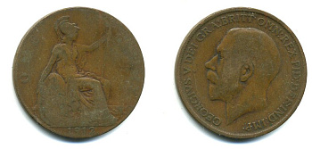 Великобритания 1 пенни 1912 Георг V (1910-1936) KM 810, Spink 4051 бронза 47-1226