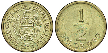 Перу 1/2 соля 1976 KM 265 латунь 4189-958