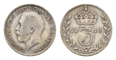 Великобритания 3 пенса 1918 Георг V (1910-1936) KM 813, Spink 4015 серебро 4644-232