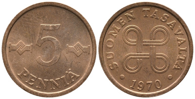 Финляндия 5 пенни 1970 KM 45 медь 100-1268