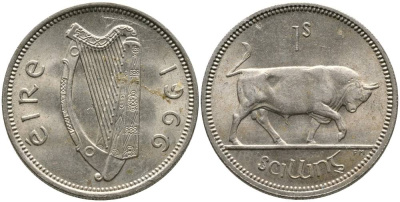 ИРЛАНДИЯ 1 ШИЛЛИНГ 1966 БЫК KM 14а медно-никель 4525-1153