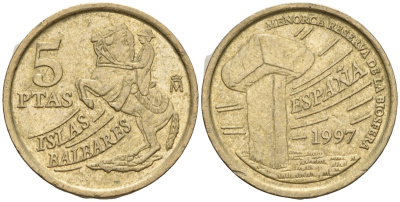Испания 5 песет 1997 Хуан Карлос I (1975-2014), Балеарские острова, всадник KM 981 алюминиевая бронза 4608-327