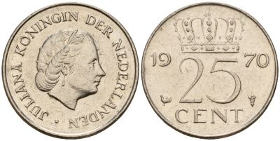 Нидерланды 25 центов 1970 Юлиана (1949-1980) KM 183 никель    4598-456