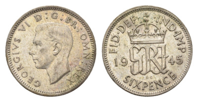 Великобритания 6 пенсов 1945 Георг VI (1936-1952) KM 852, Spink 4084 серебро 4644-1268