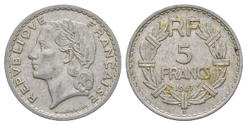 Франция 5 франков 1947 B KM 888b.2, Le Franc 339 алюминий 4185-245