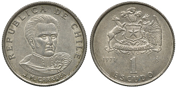 Чили 1 эскудо 1971 Хосе Мигель Каррера KM 197 медно-никель 4118-246