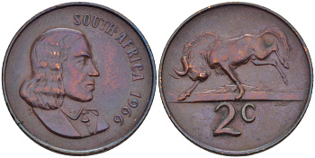 ЮАР 2 цента 1966 Ян ван Рибек (1619-1677), South Africa, легенда на английском, антилопа гну KM 66.1 бронза 67-536
