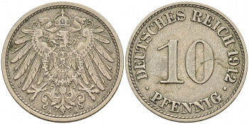 ГЕРМАНИЯ 10 ПФЕННИГОВ 1912 A KM 12, J. 13 медно-никель 110-244