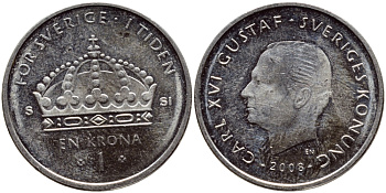 Швеция 1 крона 2008 Карл XVI Густав (1973- ) KM 894 медно-никель 85-242