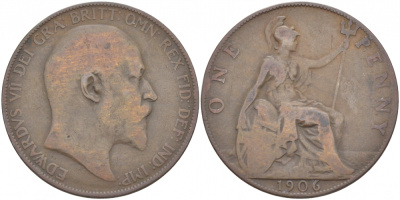 Великобритания 1 пенни 1906 Эдуард VII (1901-1910) KM 794.2, Spink 3990 бронза 4545-214