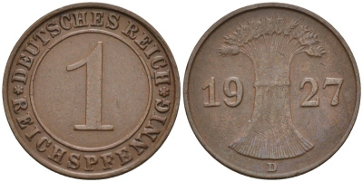 Германия 1 рейхспфенниг 1927 D KM 37, J.313, Weege 2 медь 4585-561