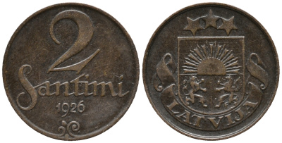 ЛАТВИЯ 2 САНТИМА 1926 ПЕРВАЯ РЕСПУБЛИКА (1918-1939) KM 2 бронза 100-1225