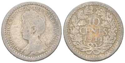 Нидерланды 10 центов 1911 Вильгельмина (1890-1948) KM 145 серебро 4152-1043