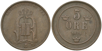 Швеция 5 эре 1874 Оскар II (1872-1907) KM 736 бронза 4171-1245