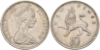 Великобритания 10 пенсов 1969 Елизавета II (1952-2022) KM 912, Spink 4231 (F1) медно-никель 4117-622
