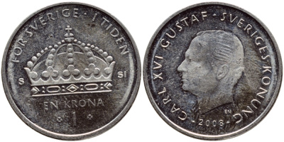 Швеция 1 крона 2008 Карл XVI Густав (1973- ) KM 894 медно-никель 85-242