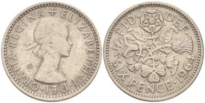 Великобритания 6 пенсов 1964 Елизавета II (1952-2022) KM 903, Spink 4149 медно-никель 192-239