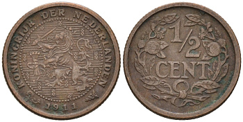 Нидерланды 1/2 цента 1911 Вильгельмина (1890-1948) KM 138 бронза 4576-342