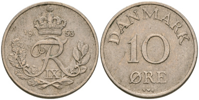 Дания 10 эре 1953 N; S, Фредерик IX (1947-1972) KM 841.1 медно-никель 08-1433