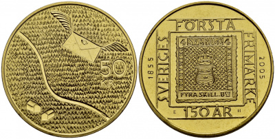 Швеция 50 крон 2005 Карл XVI Густав (1973- ), 150 лет первой шведской марке KM 915 латунь UNC 1087-1-53