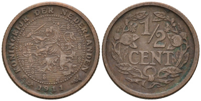 Нидерланды 1/2 цента 1911 Вильгельмина (1890-1948) KM 138 бронза 4576-342