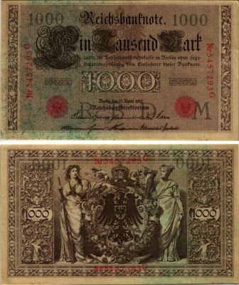 ГЕРМАНИЯ 1000 МАРОК 1910 21 АПРЕЛЯ 1910, КРАСНАЯ ПЕЧАТЬ, 7 ЦИФР В НОМЕРЕ Pick 44b бумага 7191-57-1