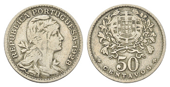 Португалия 50 сентаво 1928 голова Свободы вправо KM 577 никель латунь 4659-628