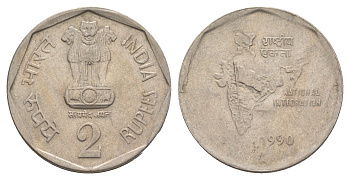 Индия 2 рупии 1990 KM 121.2 медно-никель 4650-1121