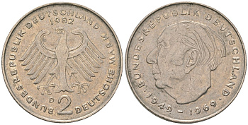 ФРГ 2 марки 1982 D, Теодор Хойс, 20 лет Федеративной Республике KM A127 медно-никель 4557-1142